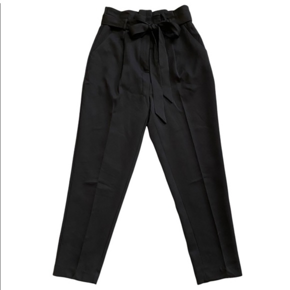 Lulus Paper Bag Waist with Tie Belt Black Trousers - Picture 2 of 4